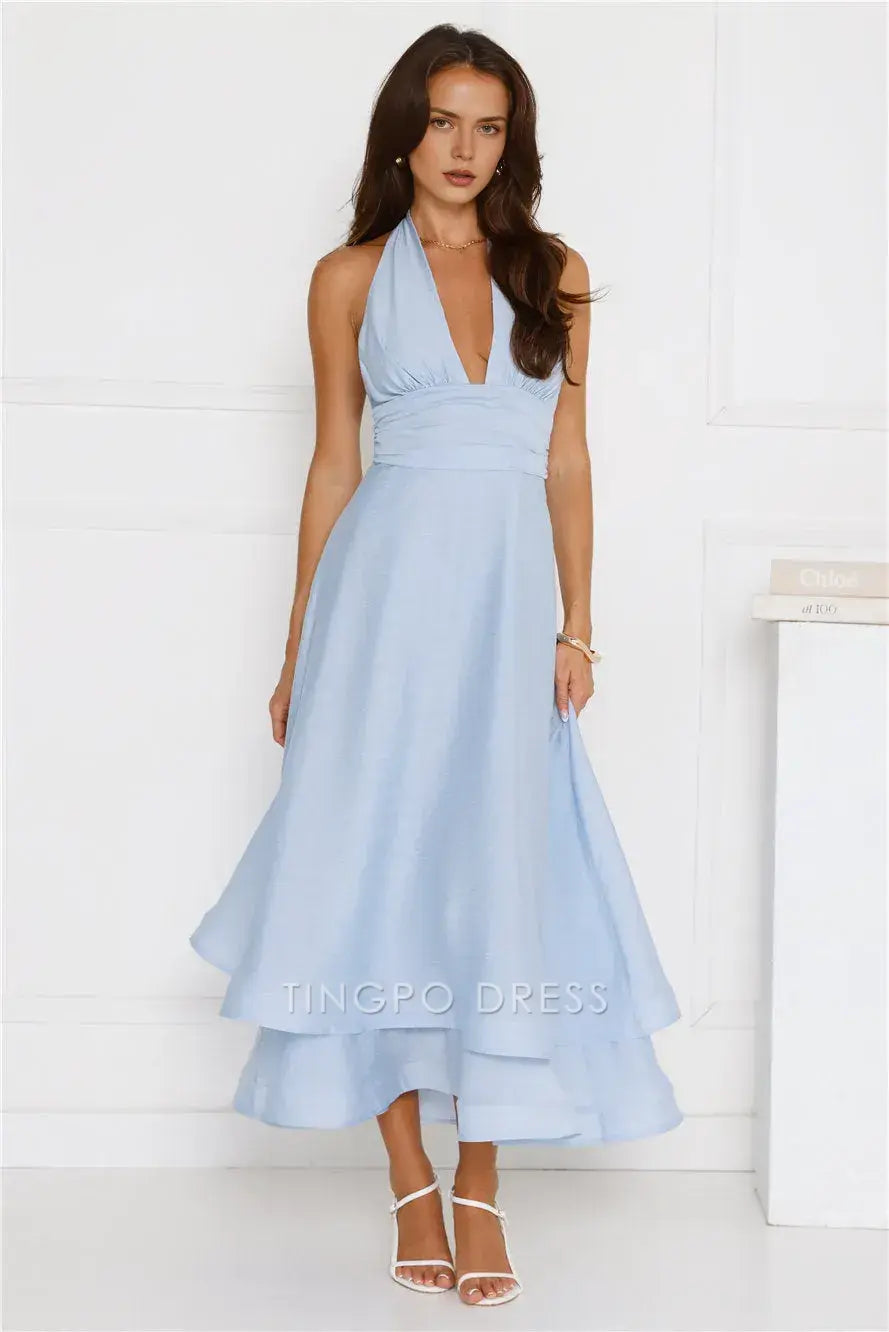 Elegant Halter Neck Deep V - Neck Layered Maxi Dress Prom Dress
